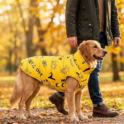 Yellow dog raincoat UK — Golden Retriever wearing waterproof coat in autumn park