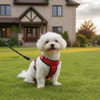 white caniche red harness in puppy UK