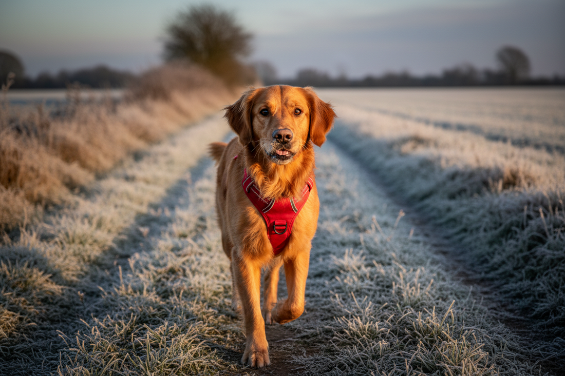 Dog wearing a padded winter harness on a cold UK walk