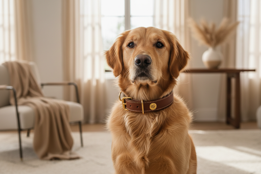 Happy healthy dog wearing protective harness during safe winter walk in UK countryside, demonstrating proper winter health care and safety equipment for January 2026