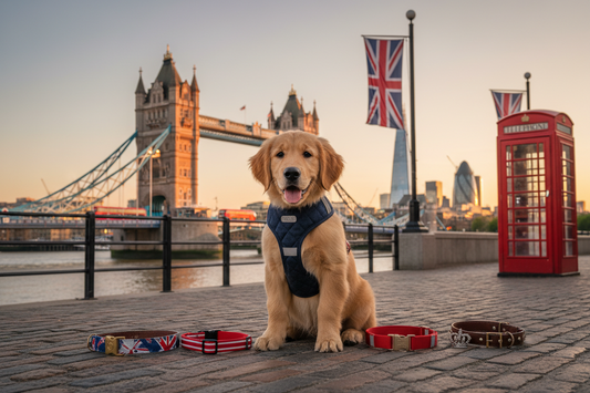 New puppy wearing a lightweight adjustable harness UK