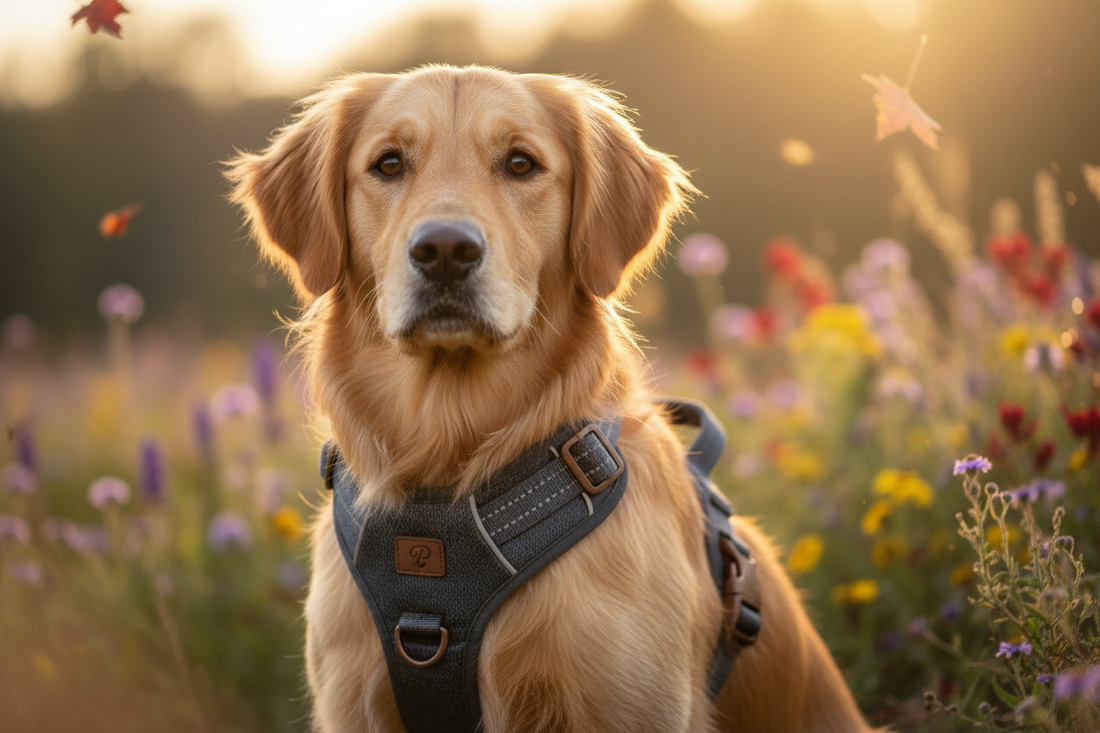 UK dog owner walking Golden Retriever on loose lead without pulling using front-clip harness in British park