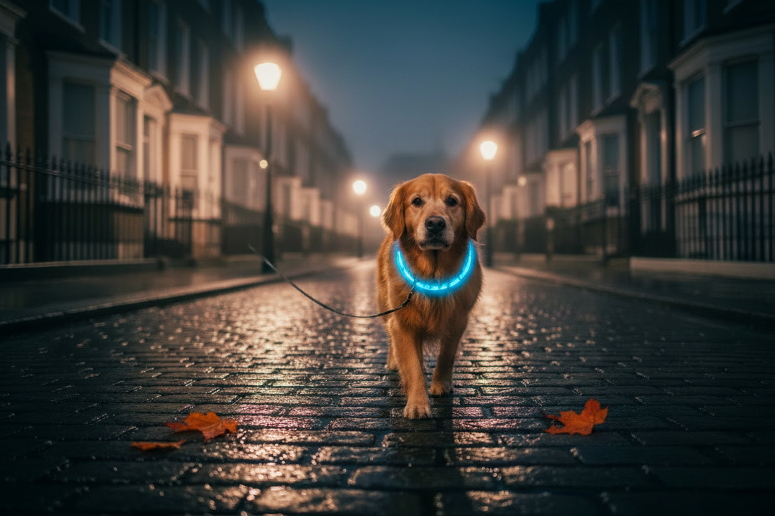 Dog wearing a reflective collar on a dark UK night walk