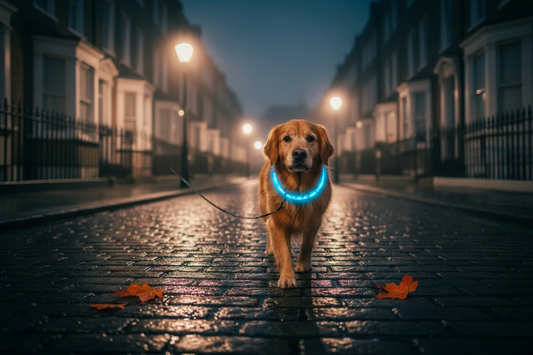 Dog wearing a reflective collar on a dark UK night walk