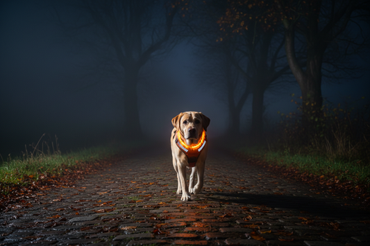 Dog wearing a bright LED collar on a dark autumn evening UK