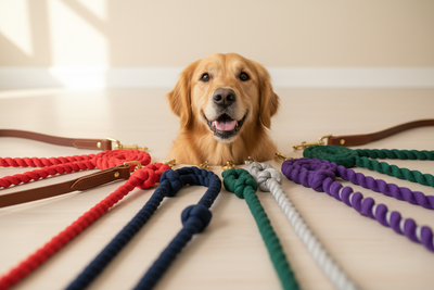 Happy dog surrounded by colourful premium dog leads collection - leather, rope, webbing and reflective leads for every adventure