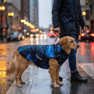 Blue printed waterproof dog raincoat UK — Golden Retriever on rainy city walk