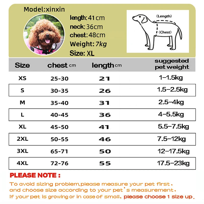 Dog raincoat size guide UK - XS to 4XL measurement chart