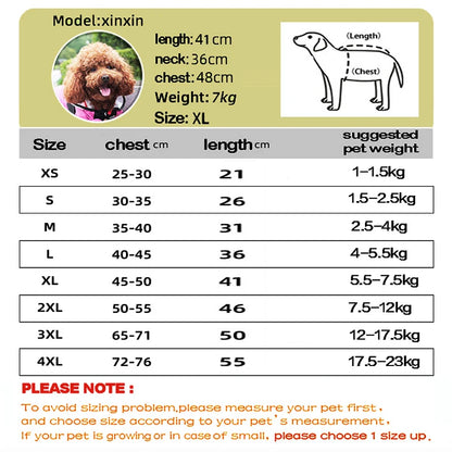 Dog raincoat size guide UK - XS to 4XL measurement chart