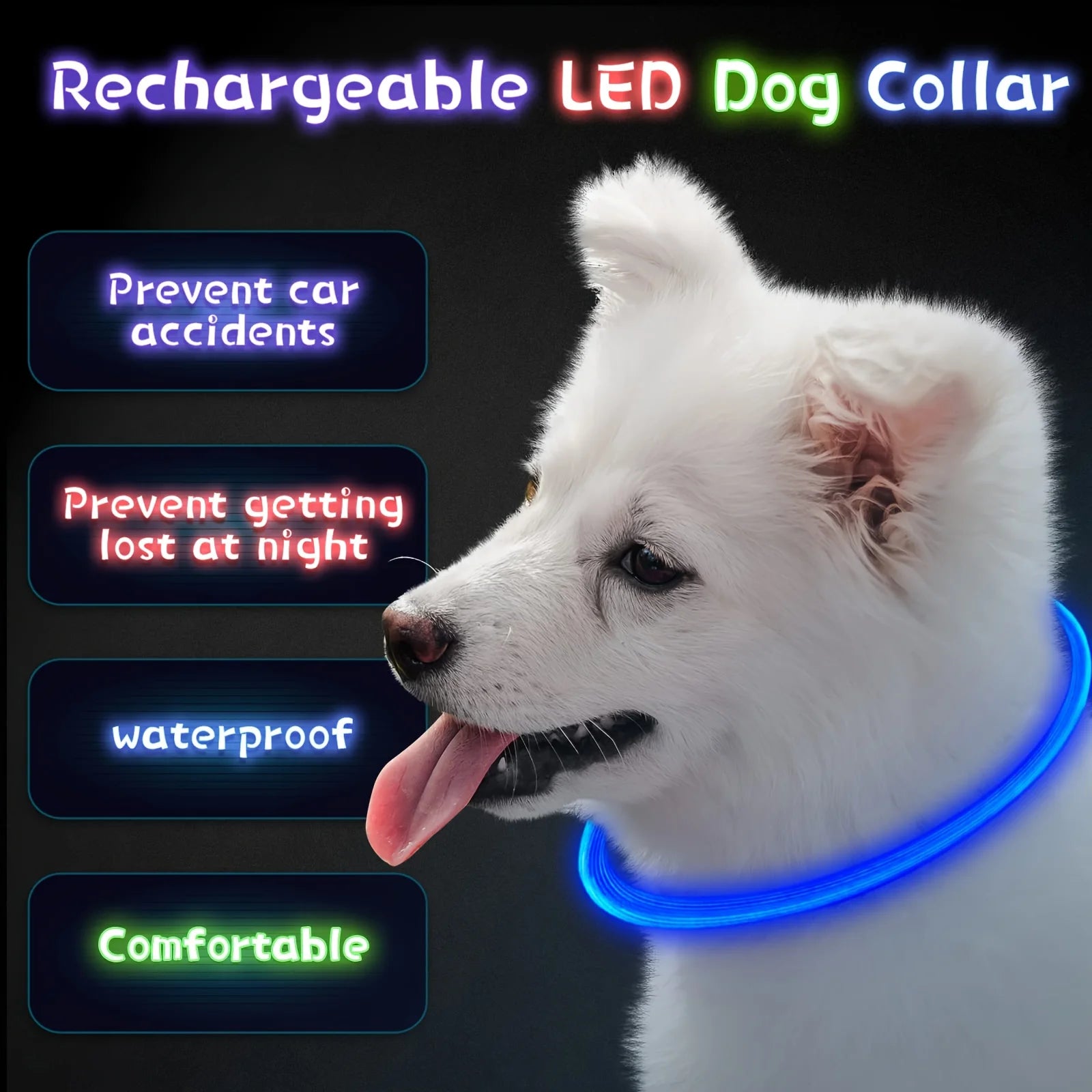 USB Charging LED Dog Collar - Rechargeable Battery - Easy to Use
