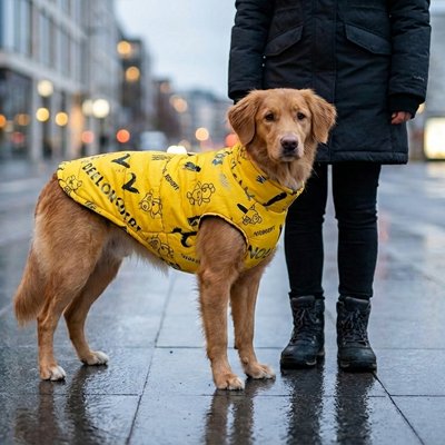 Yellow printed waterproof dog raincoat UK — large dog standing on wet pavement