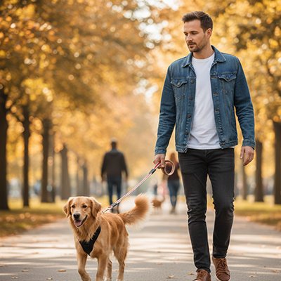 Blonde Labrador walking with Dog lead 