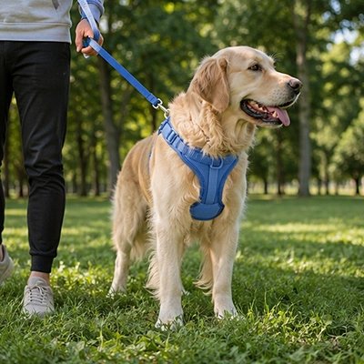Labrador wearing a blue padded no pull harness