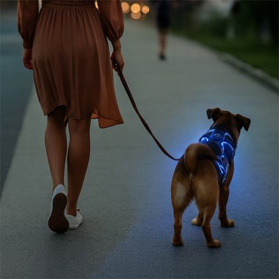 Blue LED dog harness glowing in the dark