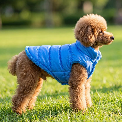 Blue CozyFleece quilted puffer dog coat with fleece trim