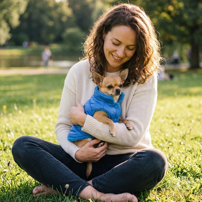 Quilted dog coat with high collar and snap button fastening
