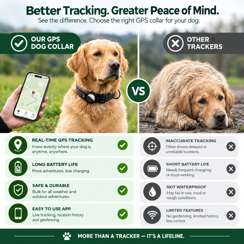 Dog collar GPS tracker comparison showing real-time tracking, long battery life, waterproof design and easy-to-use app
