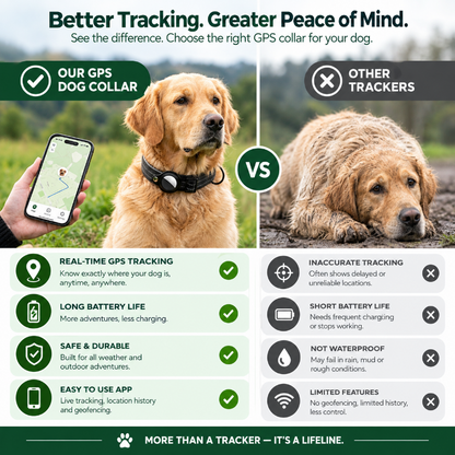 Dog collar GPS tracker comparison showing real-time tracking, long battery life, waterproof design and easy-to-use app