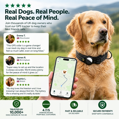 Dog collar GPS tracker with customer reviews, five-star ratings and real-time GPS tracking
