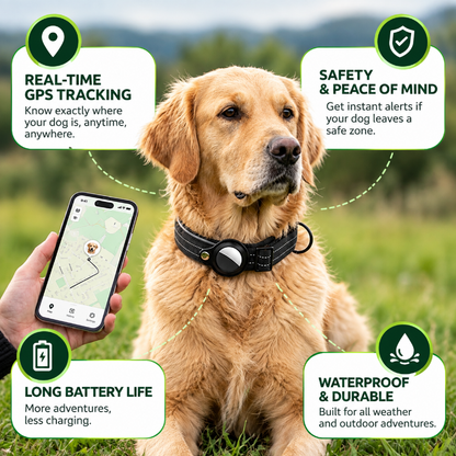 Dog collar GPS tracker with real-time tracking, long battery life, waterproof design and safety alerts