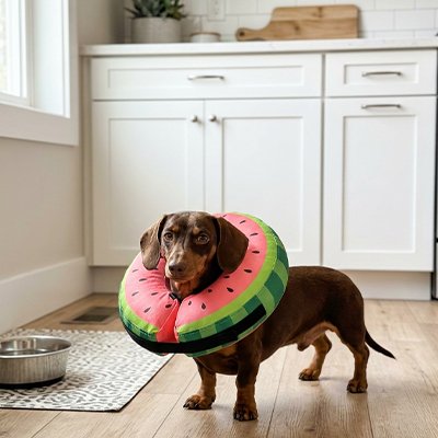 Inflatable dog cone collar with watermelon-style print