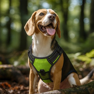 Dog wearing an LED dog harness on a woodland walk