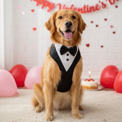 Dog wearing a tuxedo dog harness with black bow tie