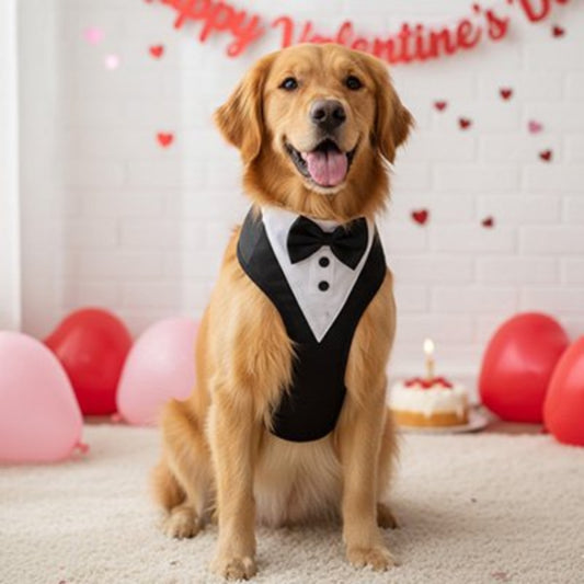 Dog wearing a tuxedo dog harness with black bow tie