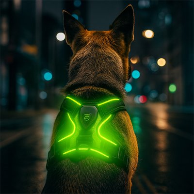 Dog wearing a glowing LED dog harness on a night walk