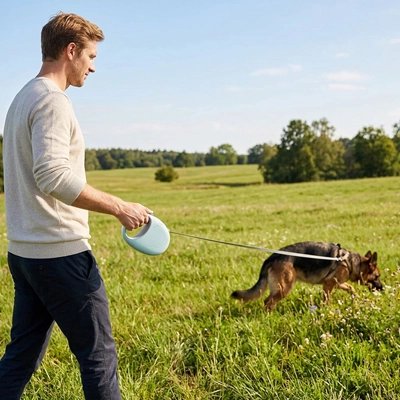 Green retractable dog lead 5m — tangle-free cord for countryside walks UK