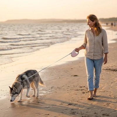 Dog lead on beach near water