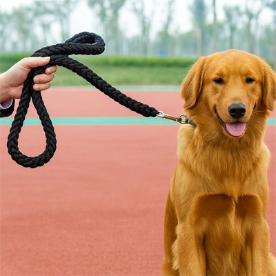 Black braided rope dog lead with swivel metal clip