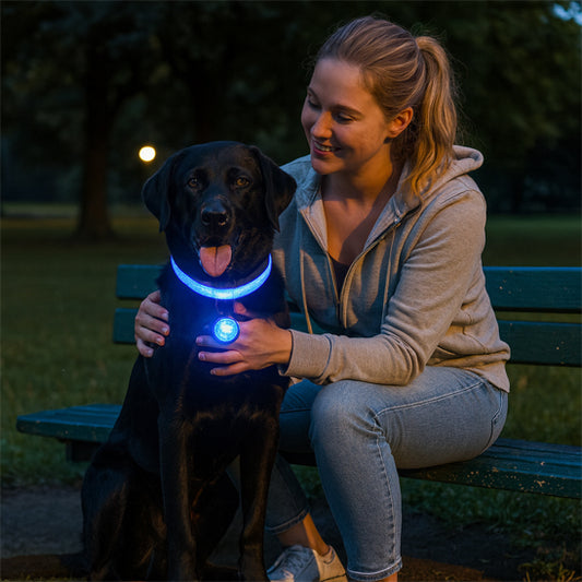 Woman walking her dog wearing a rechargeable LED dog collar