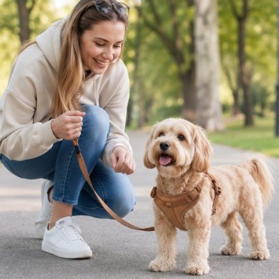 Dog wearing a no pull harness with adjustable straps