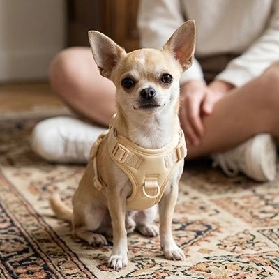 Chihuahua wearing a beige no pull harness for small dogs