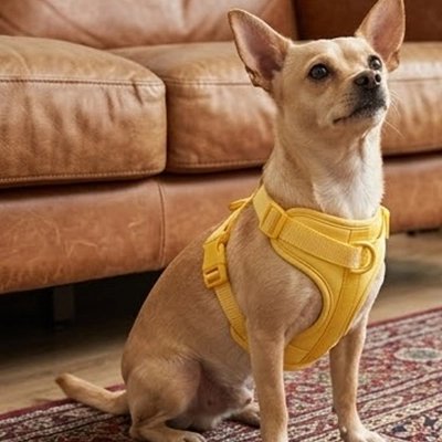Small dog in a yellow no pull harness with top grip handle