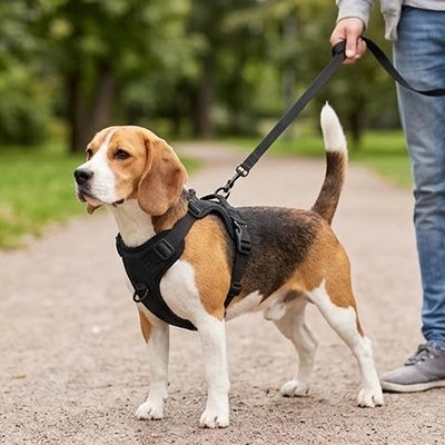 Medium dog wearing a black no pull harness in size M