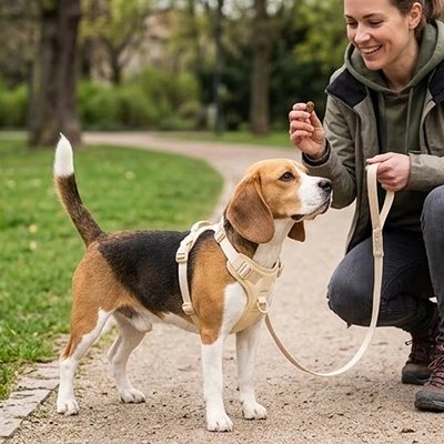 Owner walking a happy dog wearing a no pull harness with handle