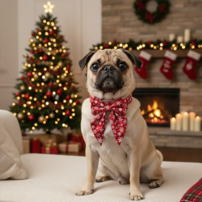 Pug wearing a red tartan Christmas dog collar