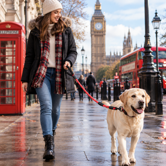 Owner walking a Labrador on a reflective dog lead near Big Ben in London