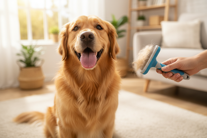 Self-cleaning pet brush in use - happy dog grooming