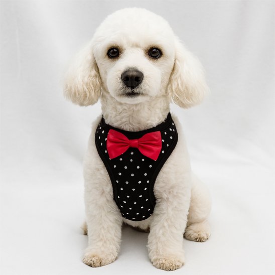 White poodle wearing a rhinestone small dog harness